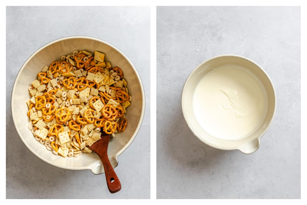 Cereal mix in a bowl next to a bowl of melted vanilla almond bark.