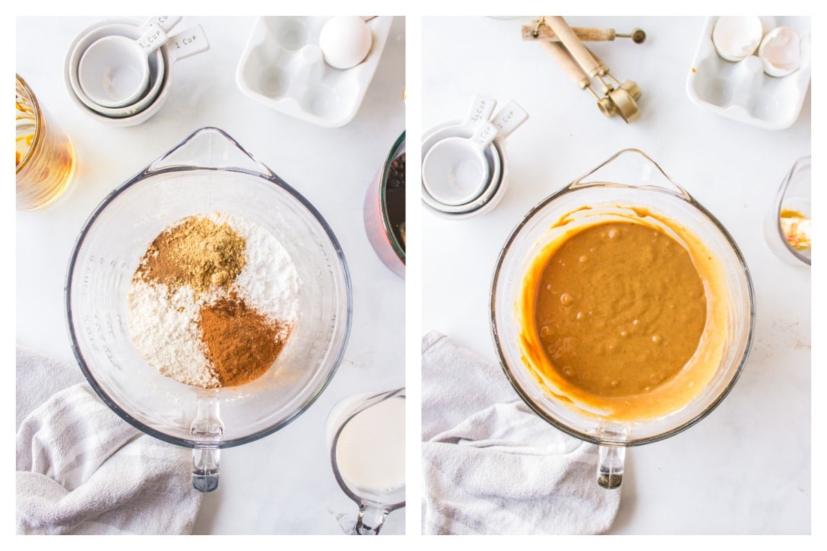 Dry ingredients in a mixing bowl next to wet ingredients in a mixing bowl.