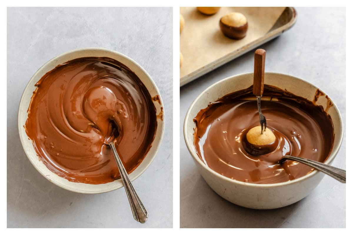 Melted chocolate and coconut oil mixture in a bowl next to buckeye being dipped into chocolate.