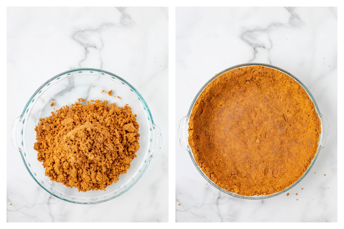 Crushed biscoff cookies, sugar, and butter in a mixing bowl next to to the mixture pressed into a pie pan.