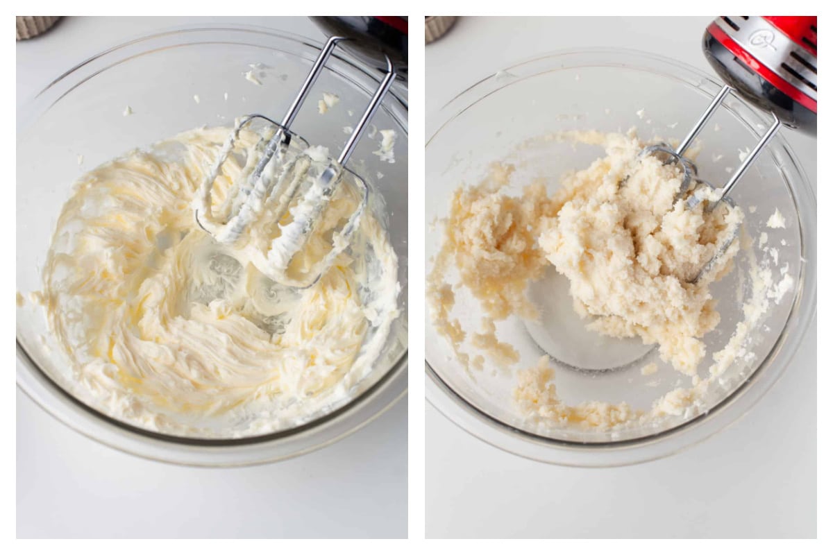 A mixer beating butter in a bowl next to sugar mixed in.