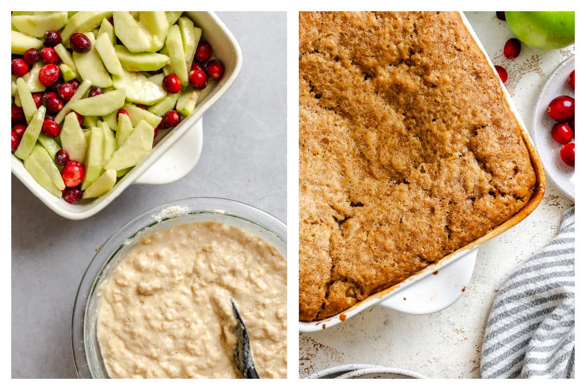 Cobbler topping next to a dish of cobbler filling next to the baked cobbler.