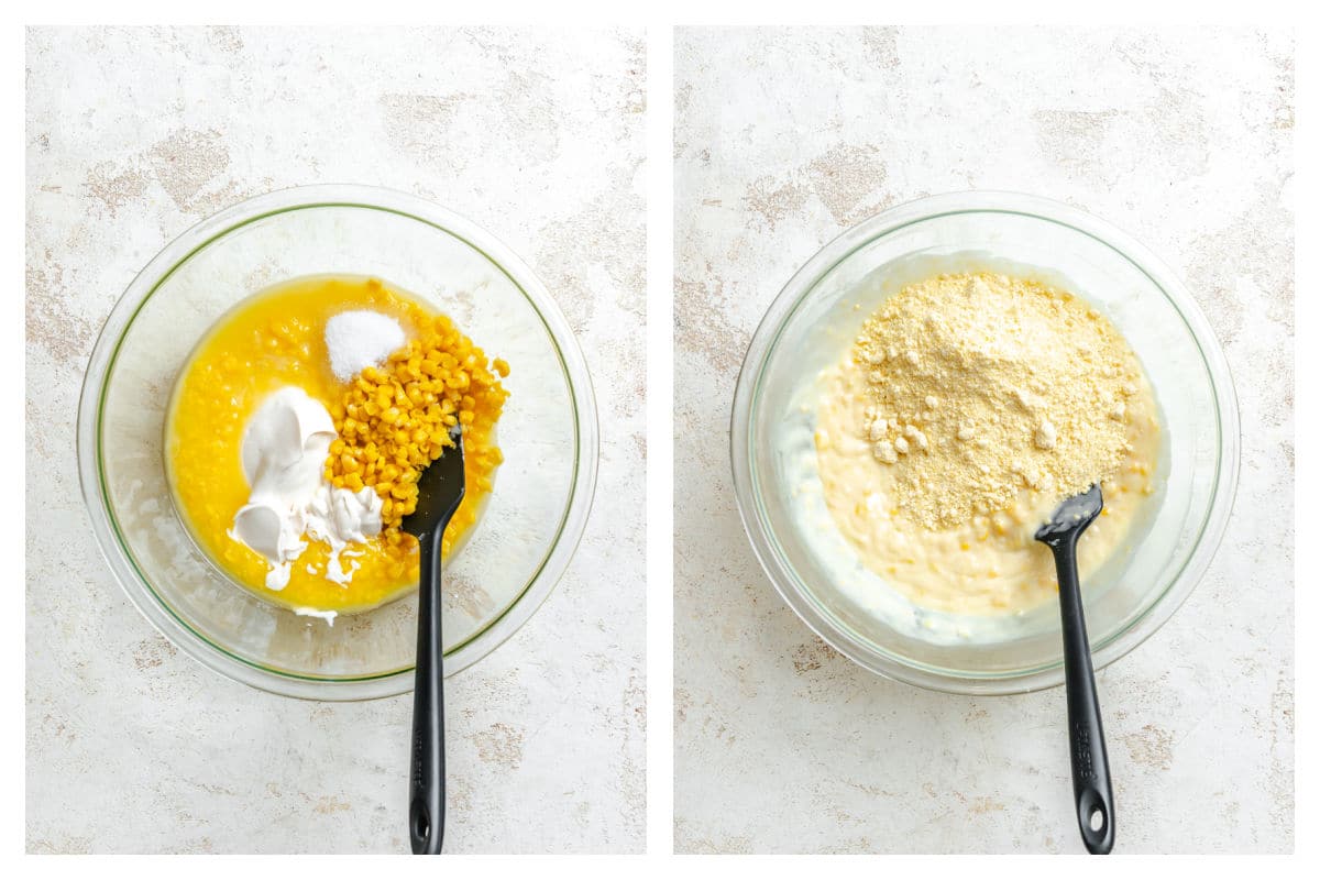 Sour cream corn and other wet ingredients in a bowl next to cornbread mix stirred in.