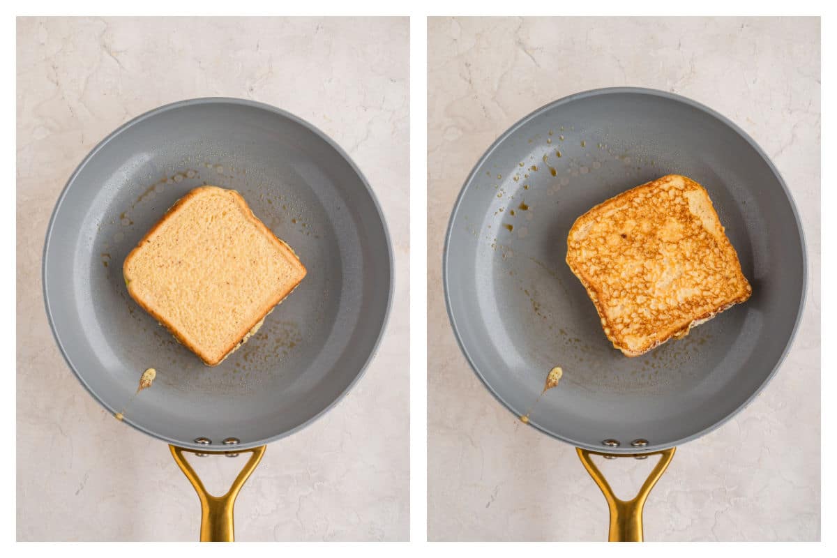 A piece of eggnog French toast cooking in a skillet.