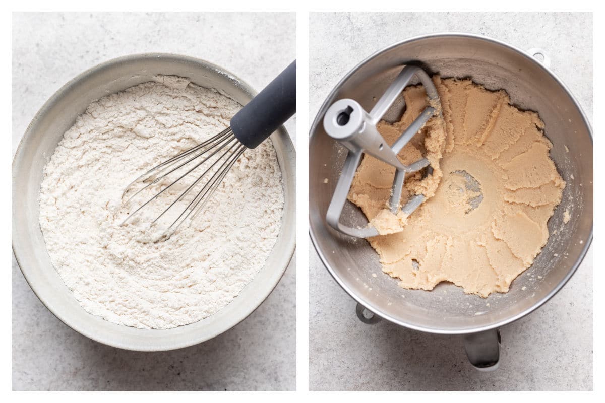 A whisk in a bowl of dry ingredients next to butter beaten with sugar and brown sugar. 