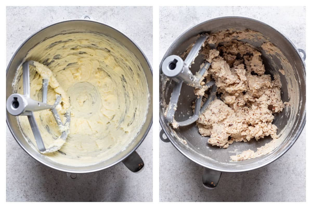 Beaten butter and powdered sugar in a bowl next to snowball kiss cookie dough in a bowl. 