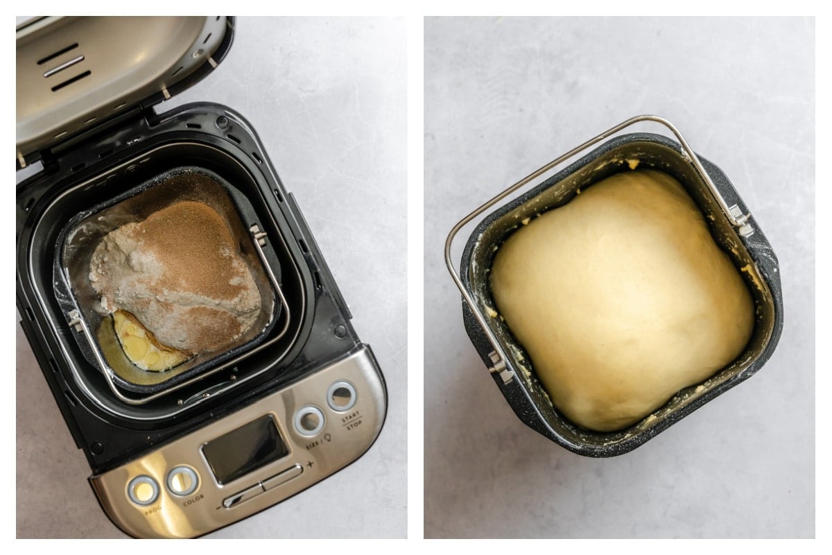 Ingredients for dinner dinner rolls in a bread machine next to bread machine dough at the end of the cycle. 
