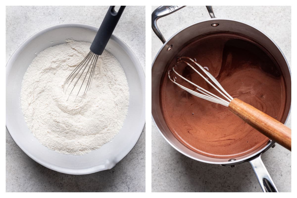 Dry ingredients whisked together in a bowl next to water cocoa powder and butter in a saucepan.