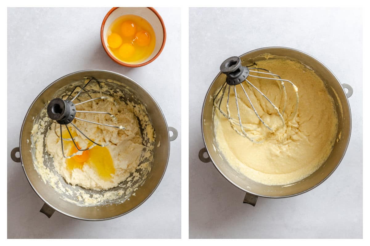 Eggs on creamed butter mixture next to cake batter in a mixing bowl.