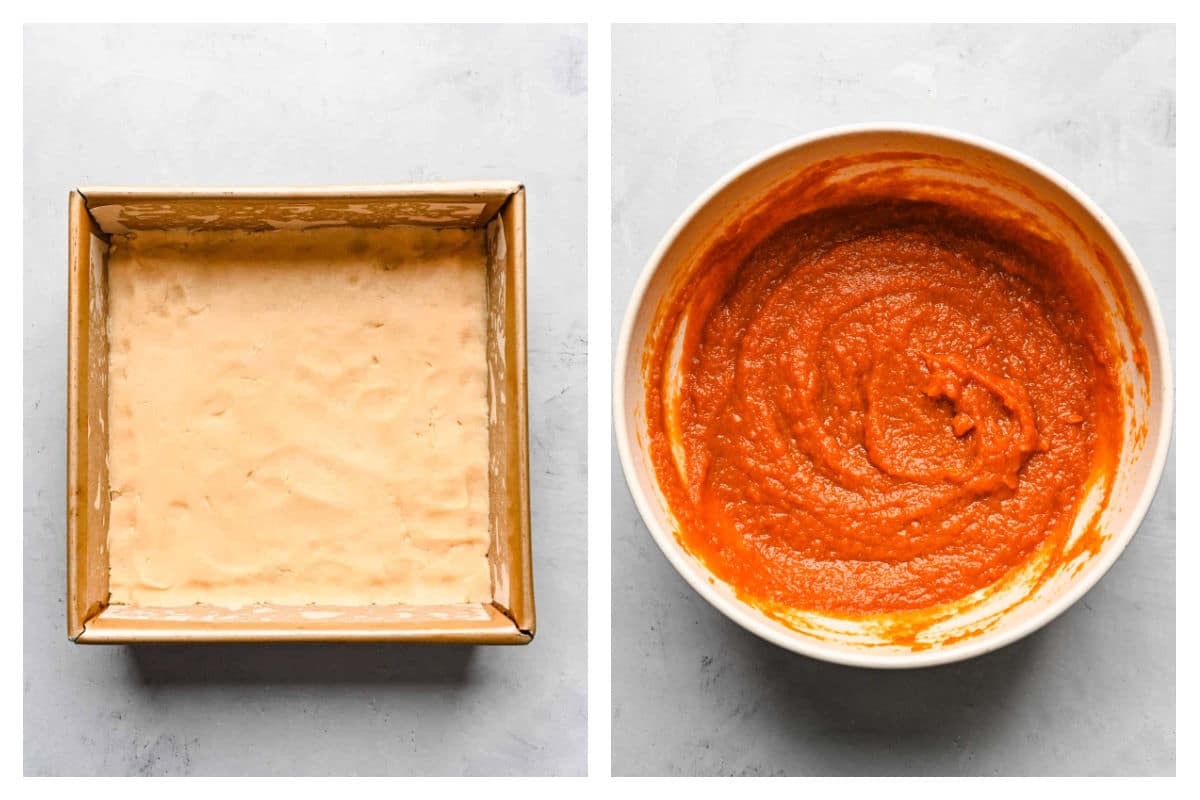 Crust panned into a pan next to pumpkin puree in a bowl. 