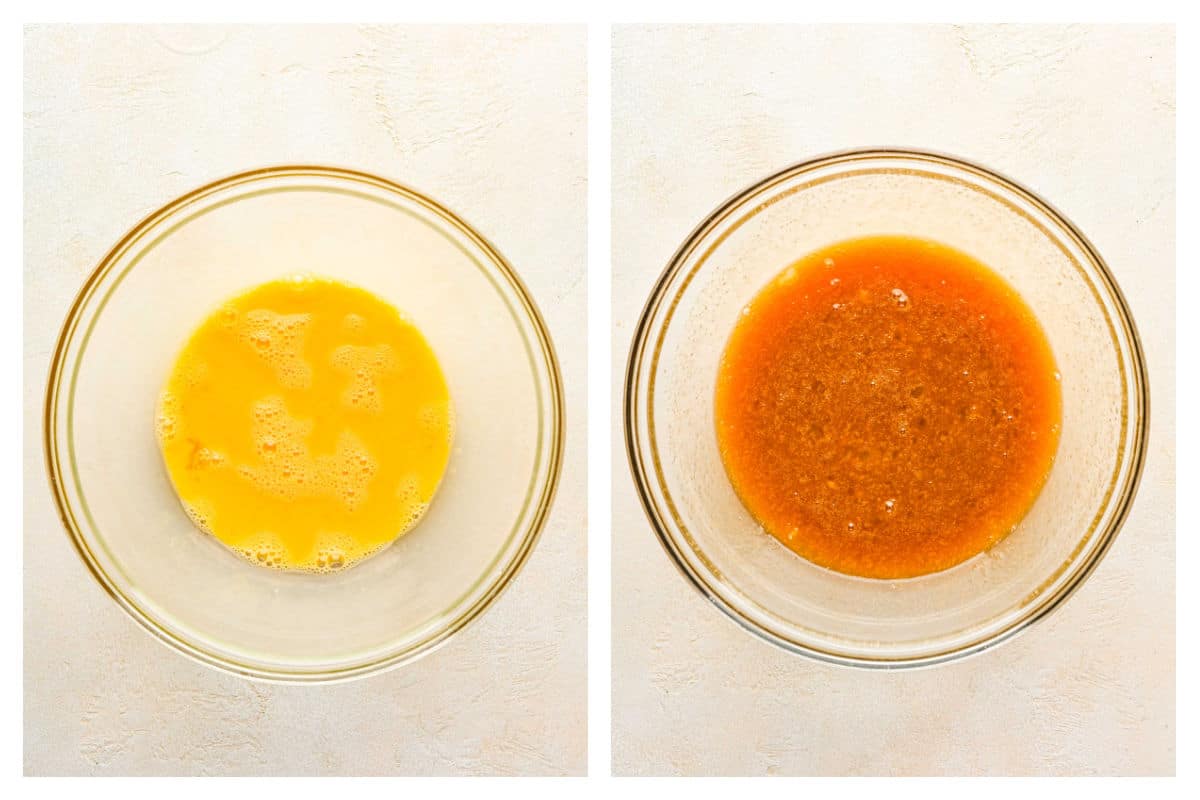 Wet ingredients for chocolate pecan pie mixed in a bowl.