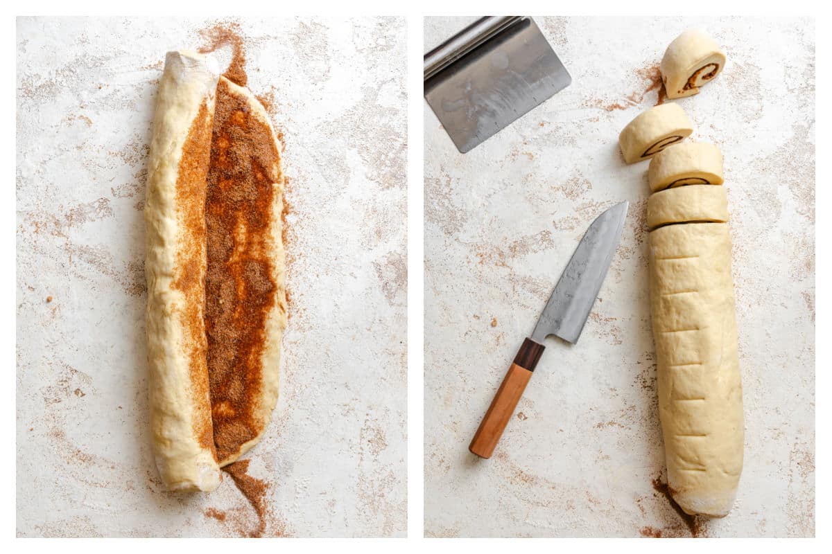 Cinnamon roll dough rolled up and cut into pieces. 