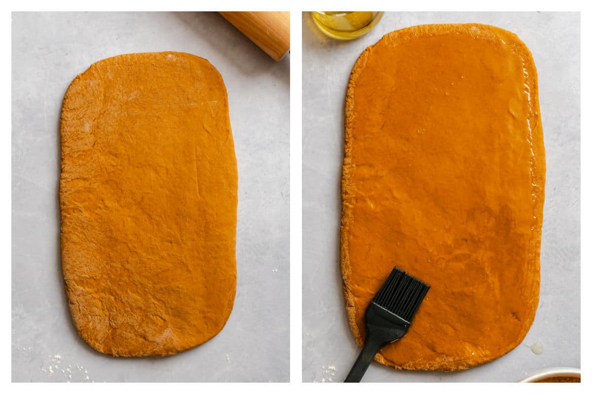 Dough rolled out and being brushed with oil. 