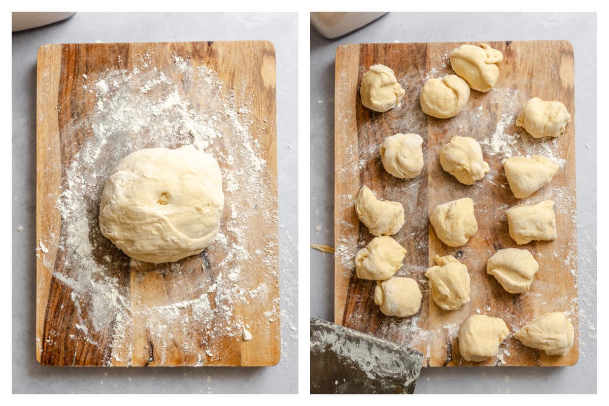 Dough on a floured surface next to dough cut into 16 pieces. 