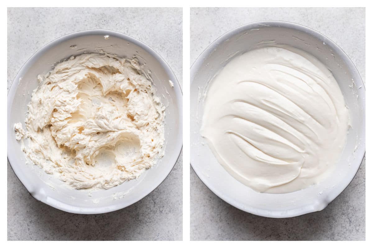 Butter cream cheese and vanilla beaten in a bowl next to cream cheese frosting in a bowl.