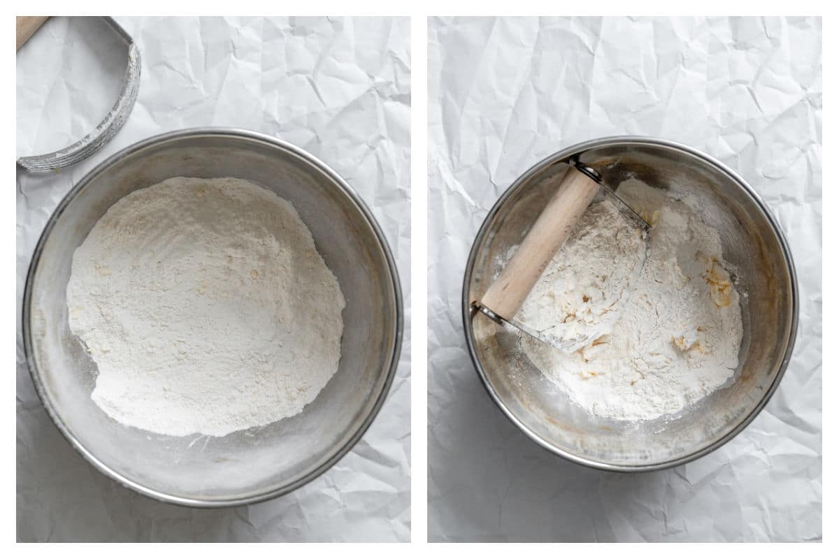 Flour in a bowl next to butter cut in.