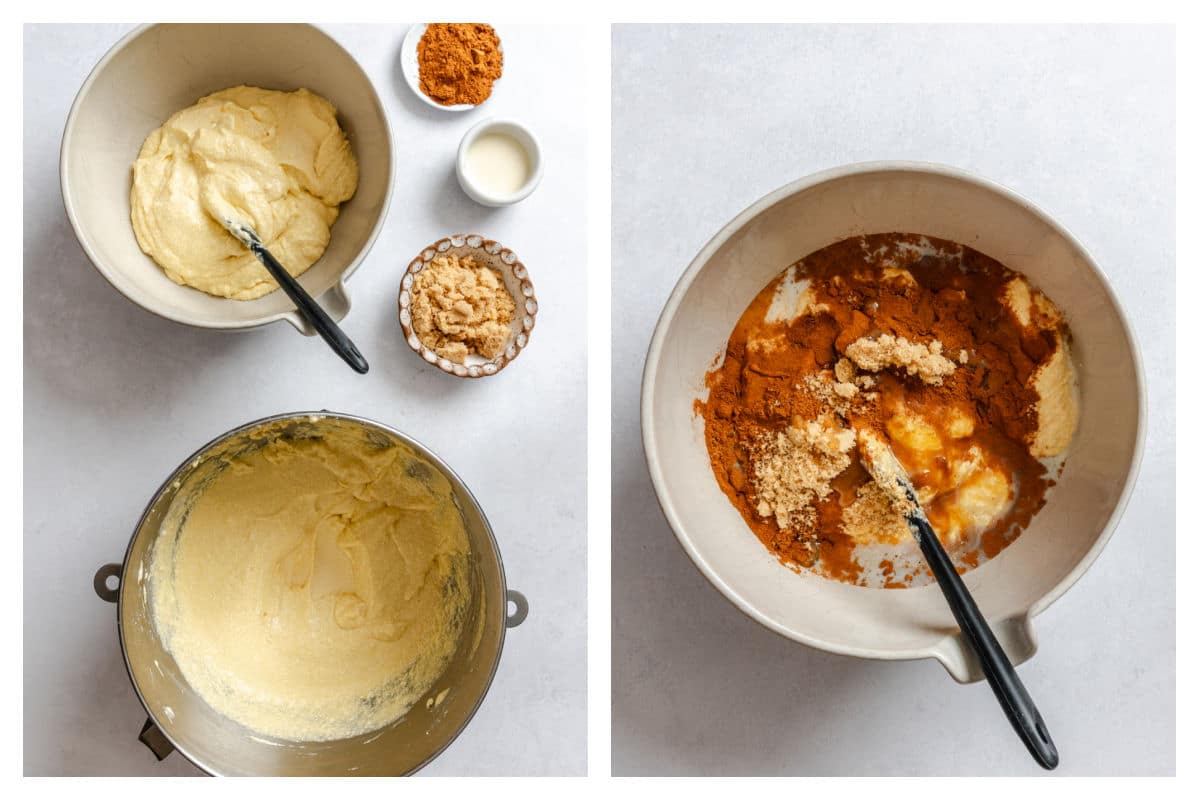 Stirring cinnamon batter together in a mixing bowl. 