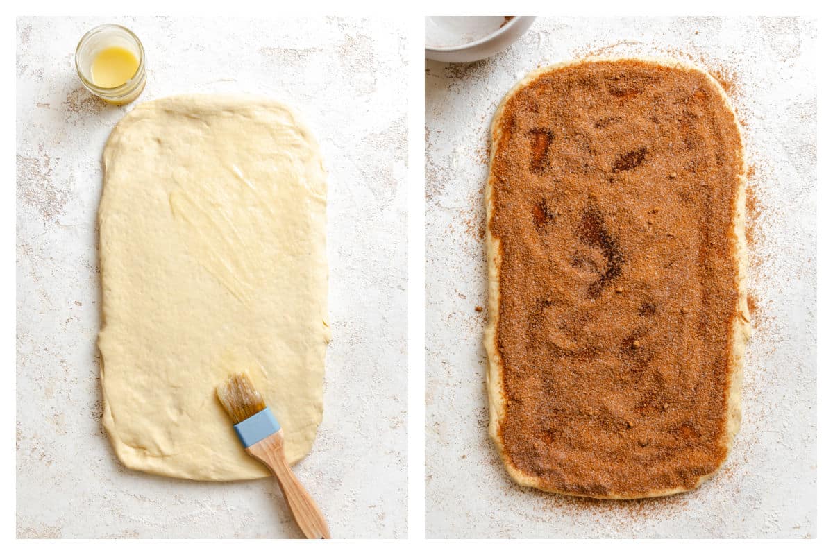 Butter brushing onto rolled out dough next to cinnamon sugar over dough.