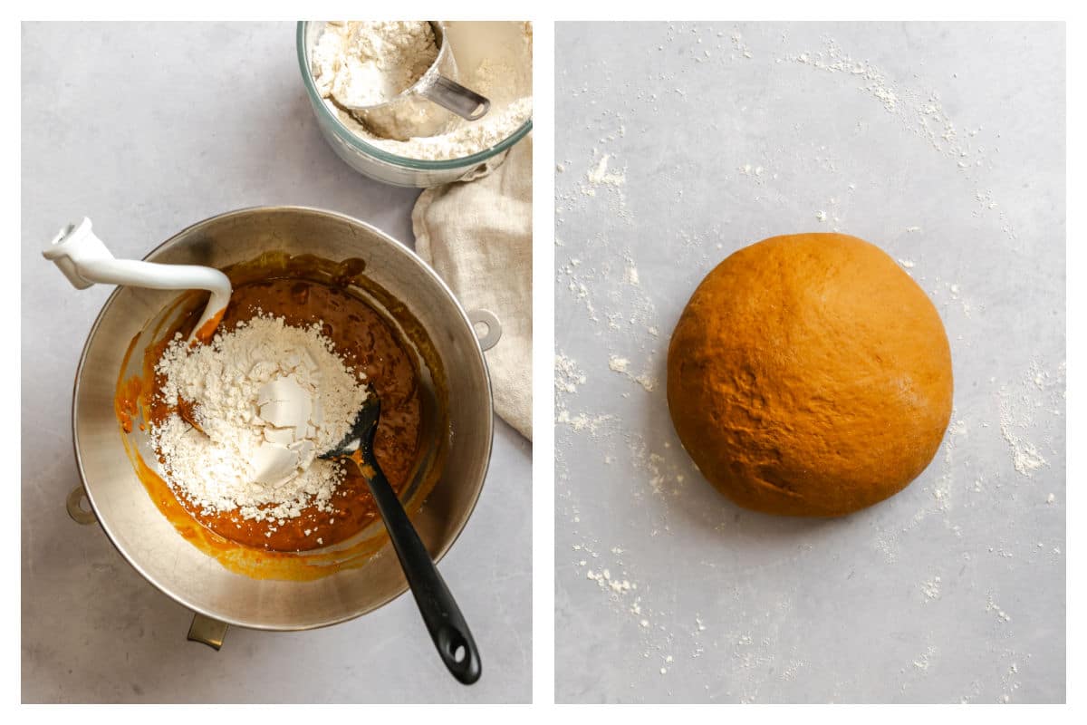 Flour on top of molasses mixture next to dough ball. 