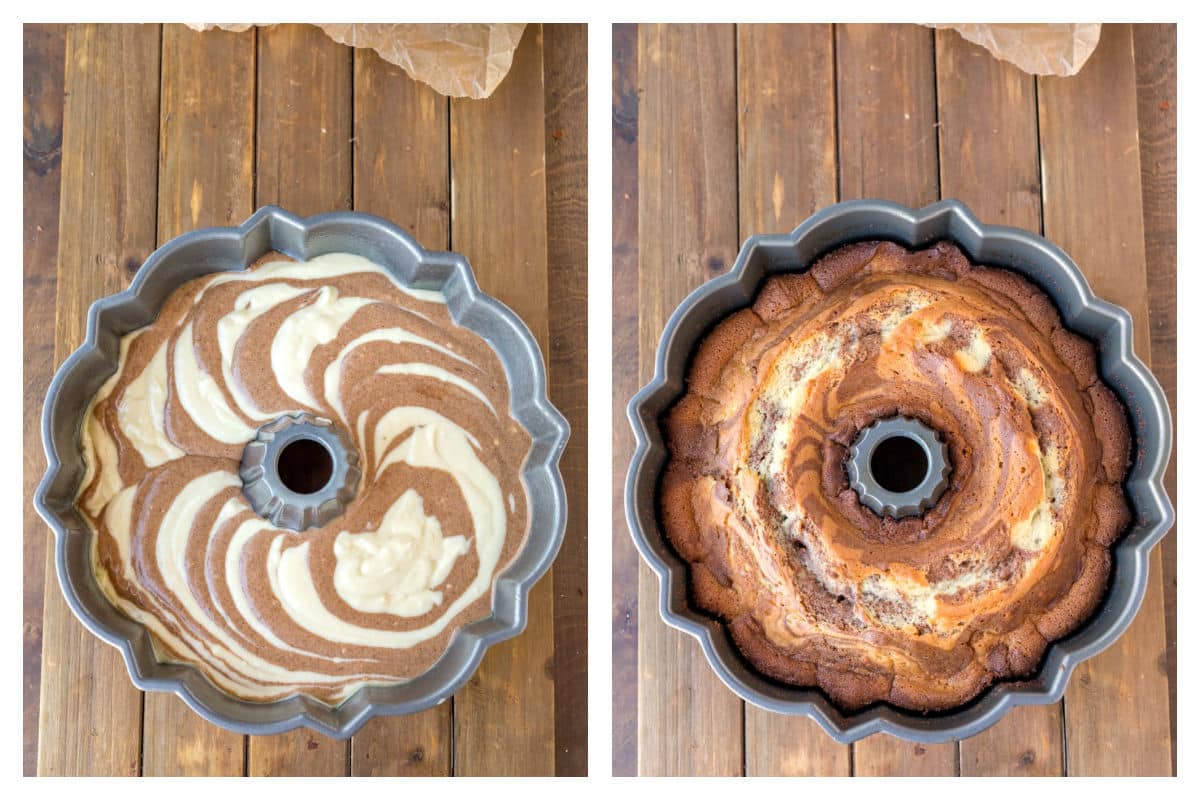 Cinnamon swirl batter in a bundt cake pan next to the baked cake in a pan. 