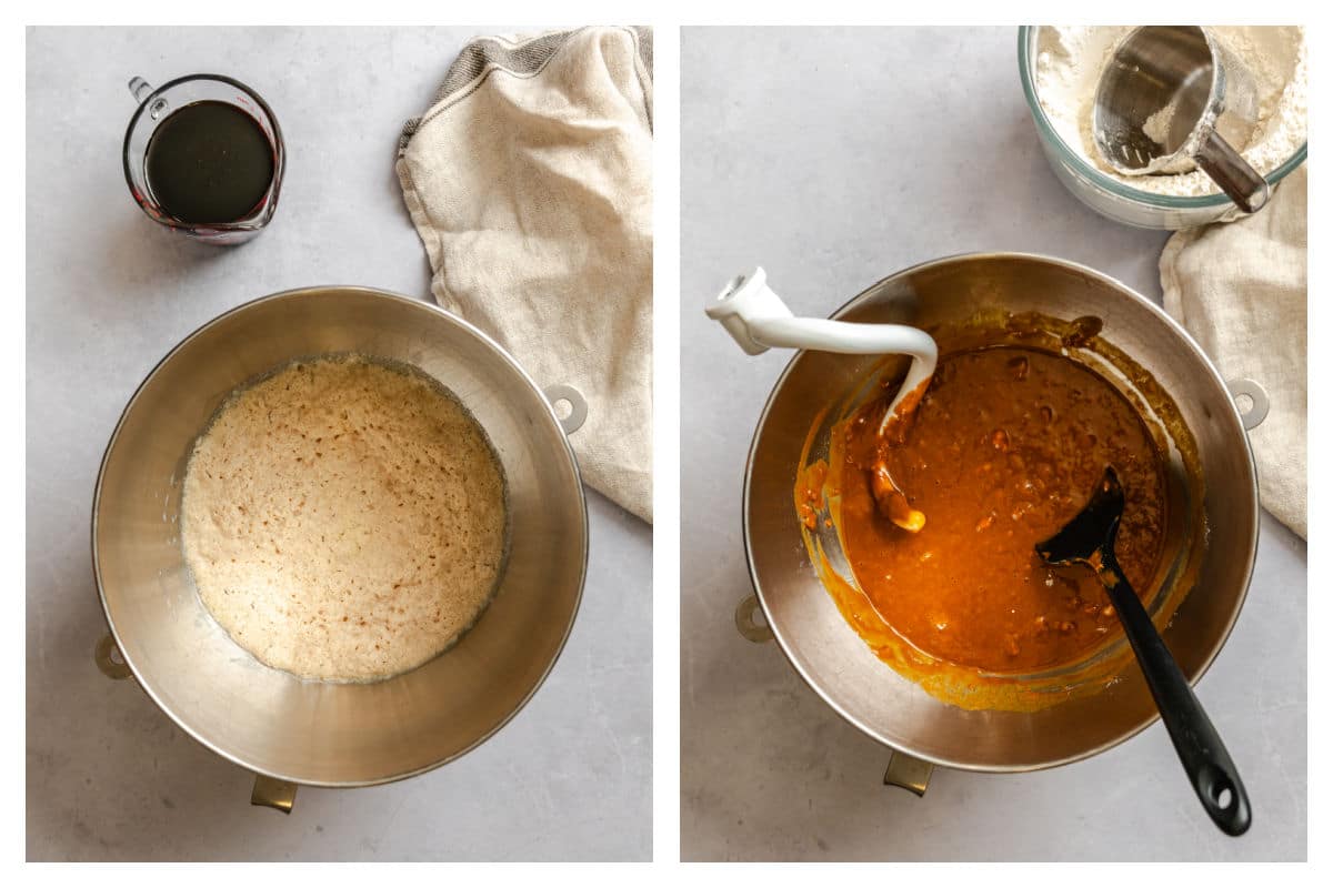 Yeast proofing in a bowl next to molasses stirred in. 