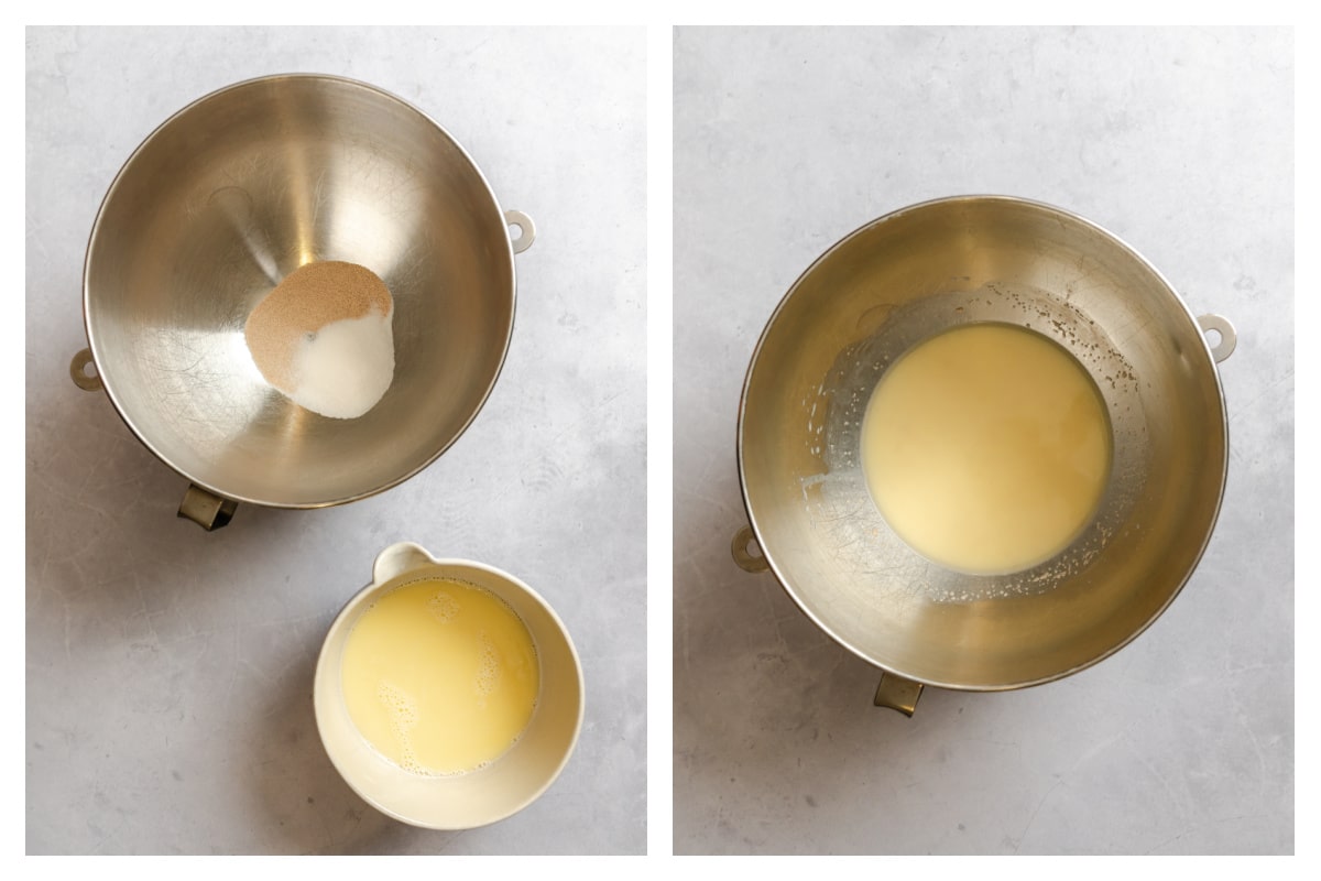 Yeast and sugar in a bowl next to butter and milk poured in. 