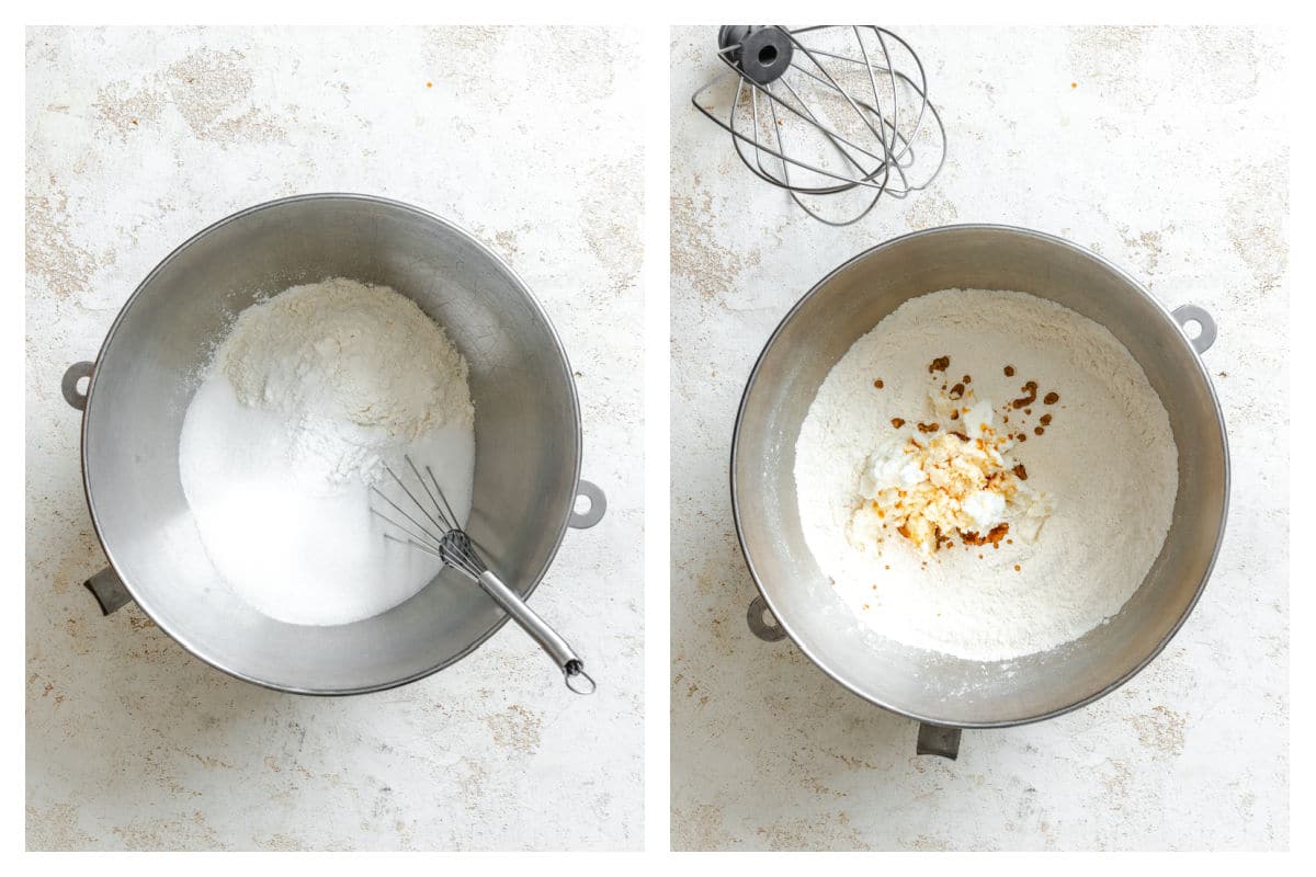 Dry ingredients whisked in a mixing bowl next to shortening and vanilla on top.