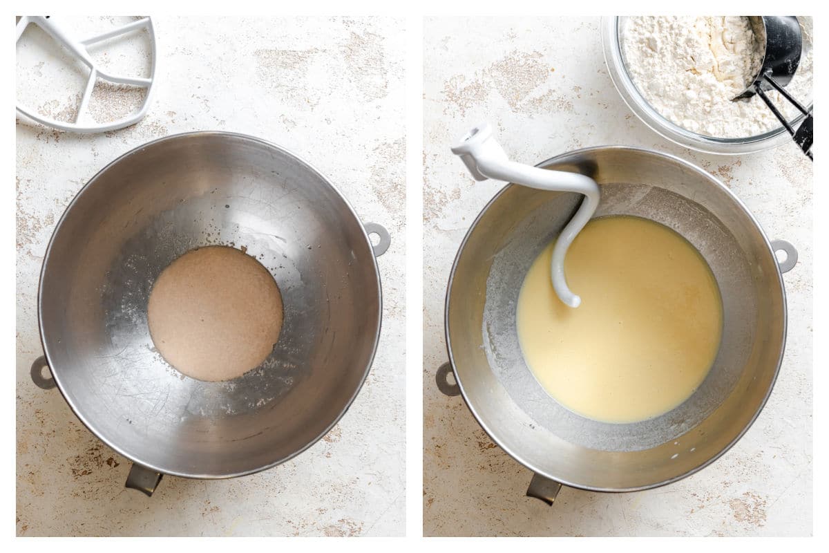 Yeast proofing in a mixing bowl next to mashed potato, milk, and egg mixed in. 
