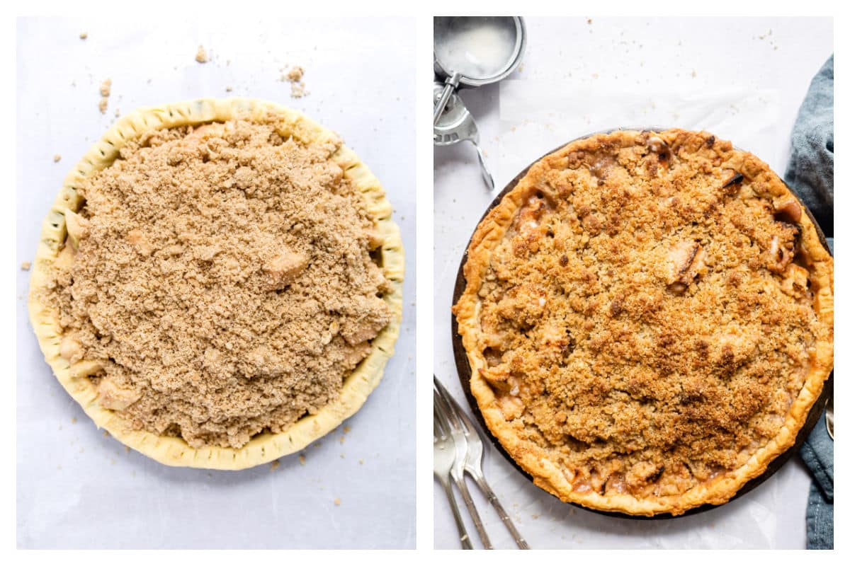 Unbaked Dutch apple pie next to the baked pie. 