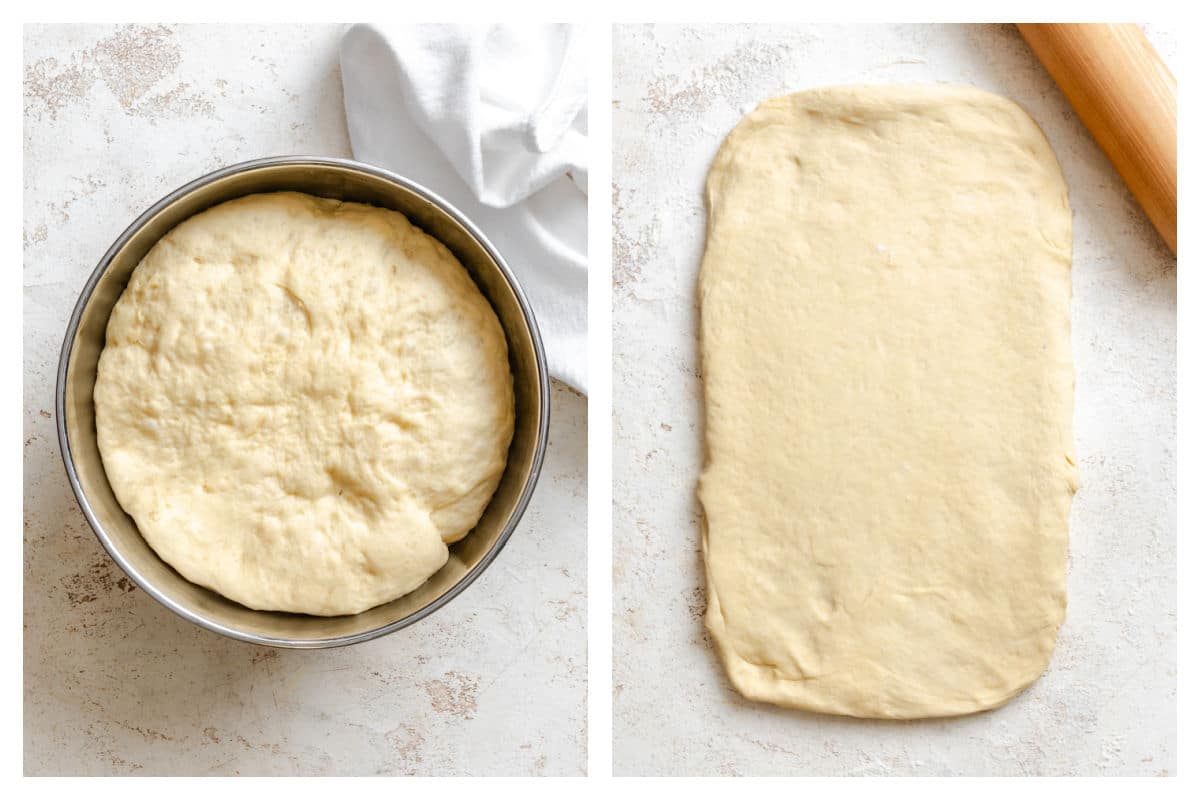 Risen cinnamon roll dough in a mixing bowl next to the dough rolled out. 