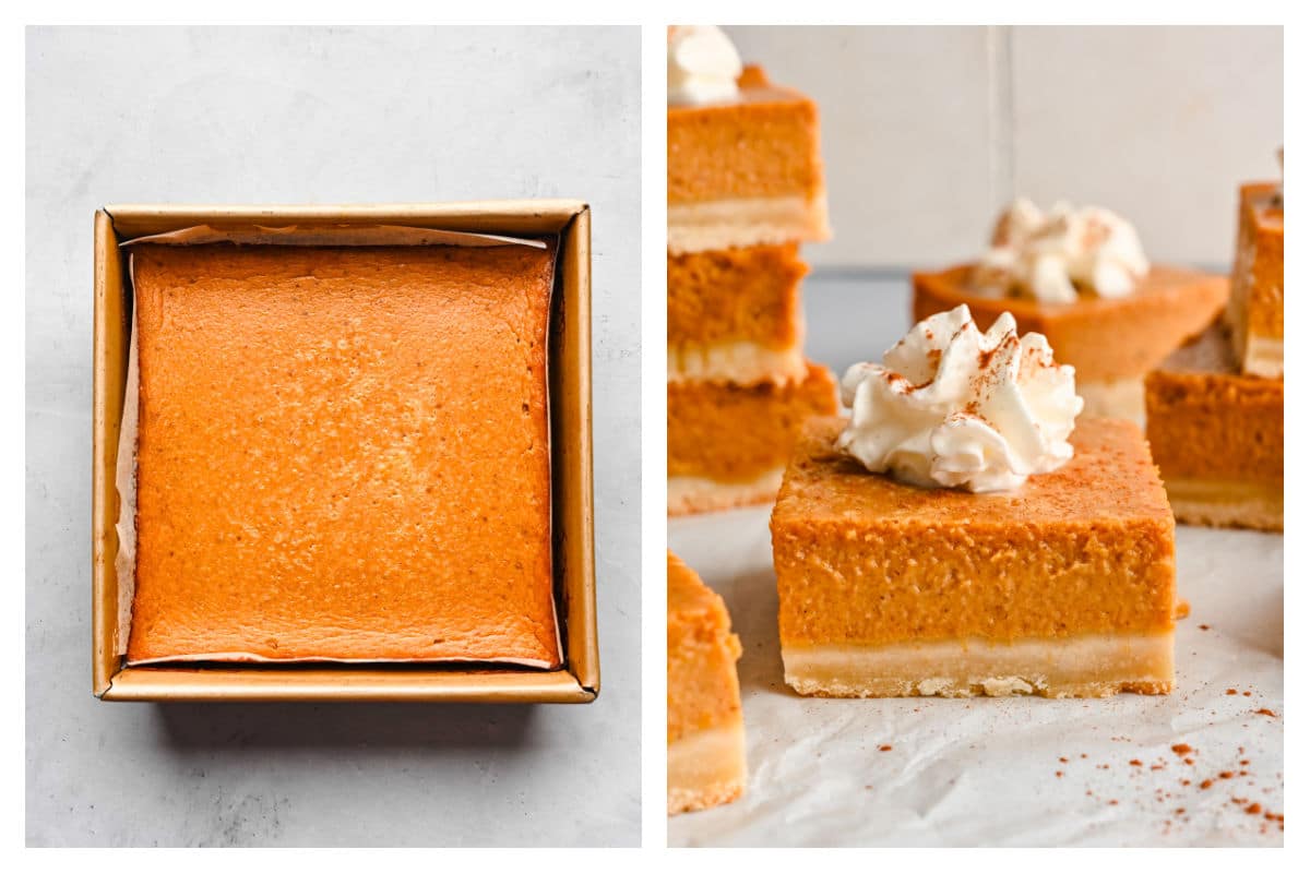 Baked pumpkin pie bars in a pan next to sliced bars. 