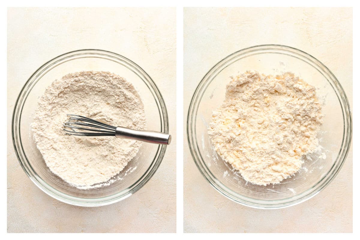 Dry ingredients for pie crust next to butter cut in.