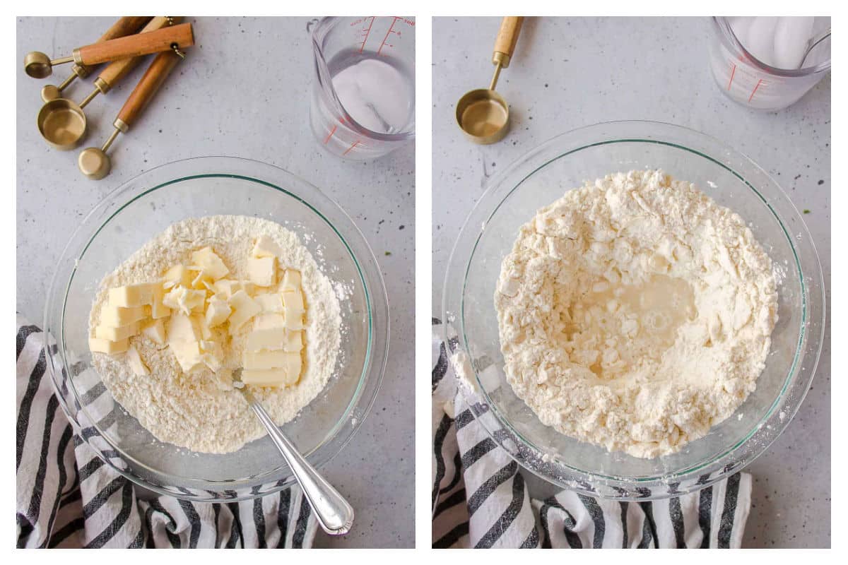 Butter pieces on top of dry ingredients.