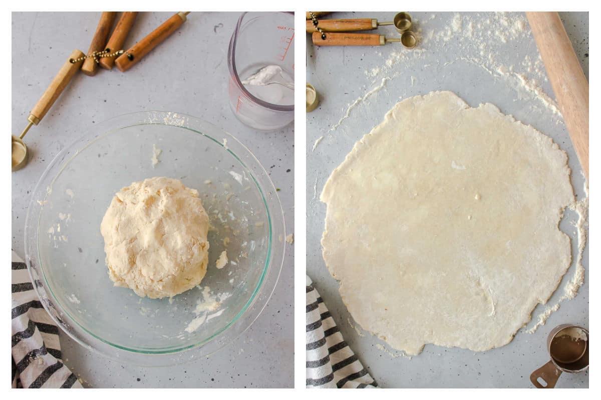 Butter pie crust in a bowl next to the rolled out dough.