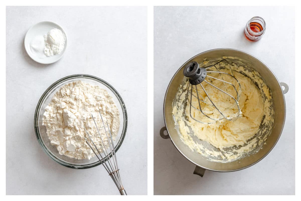 Flour mixture in a small bowl next to creamed butter mixture.