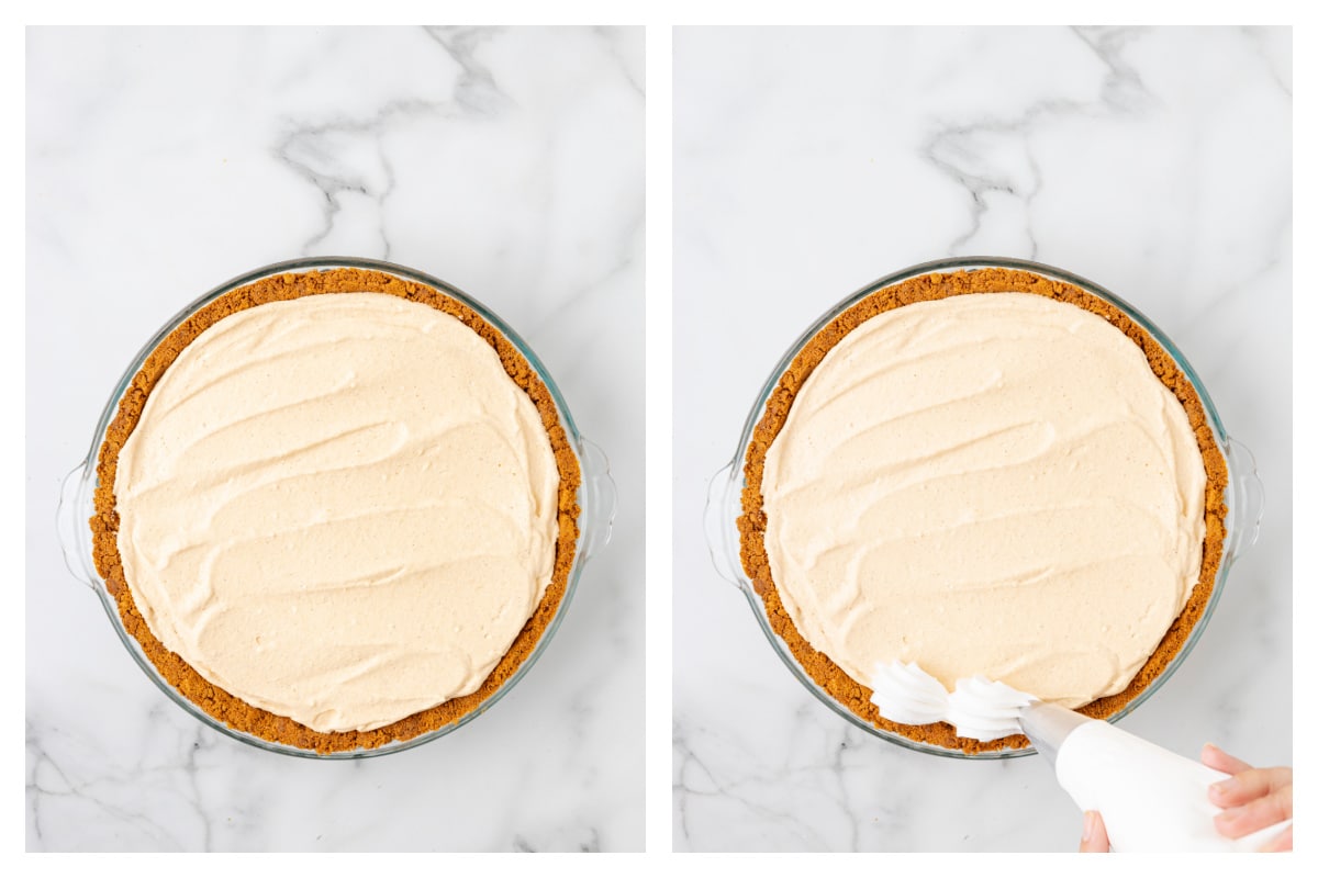 Pumpkin mixture in a pie pan next to piping whipped topping around the pie.