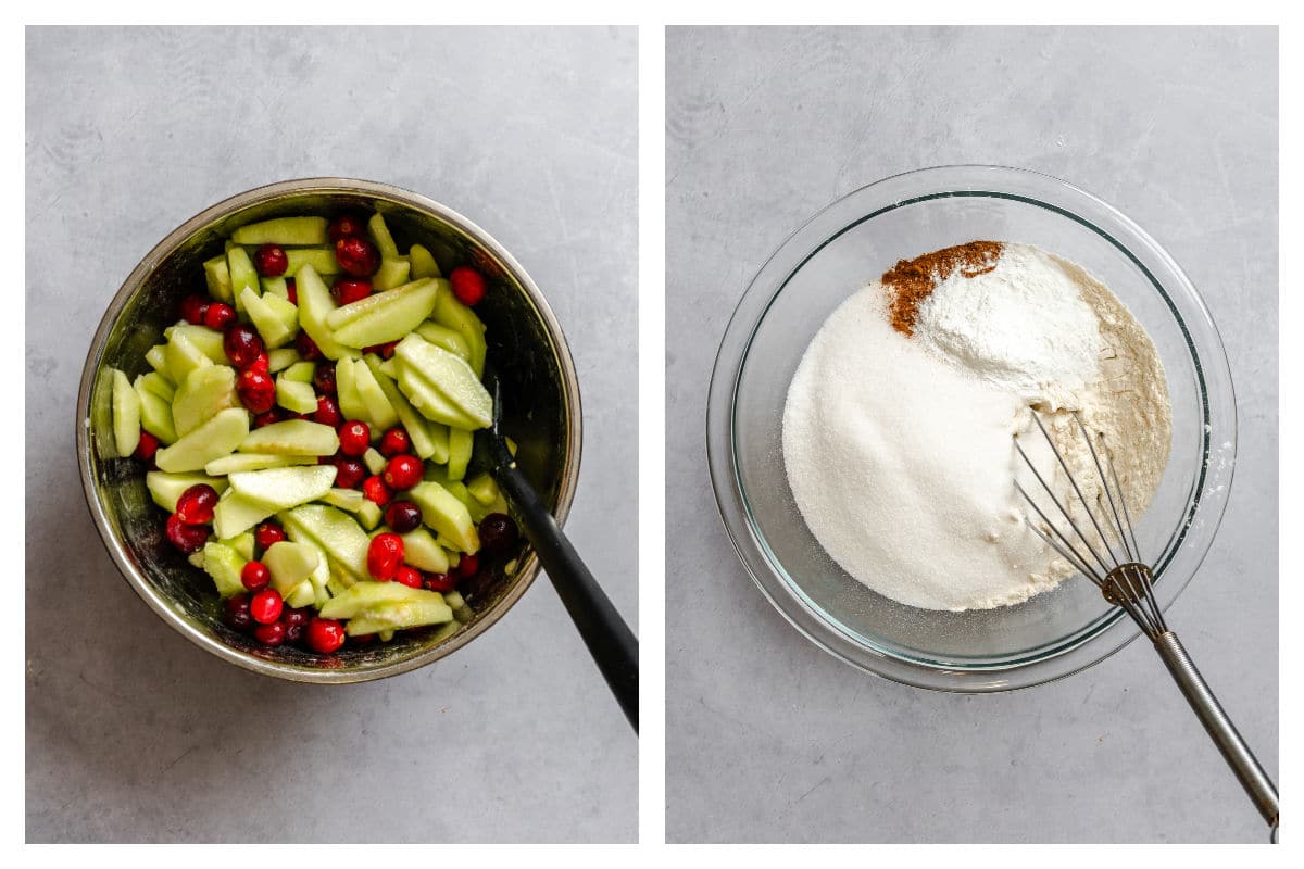 Cranberries and apples tossed in orange juice and sugar next to dry ingredients for cobbler in a bowl.