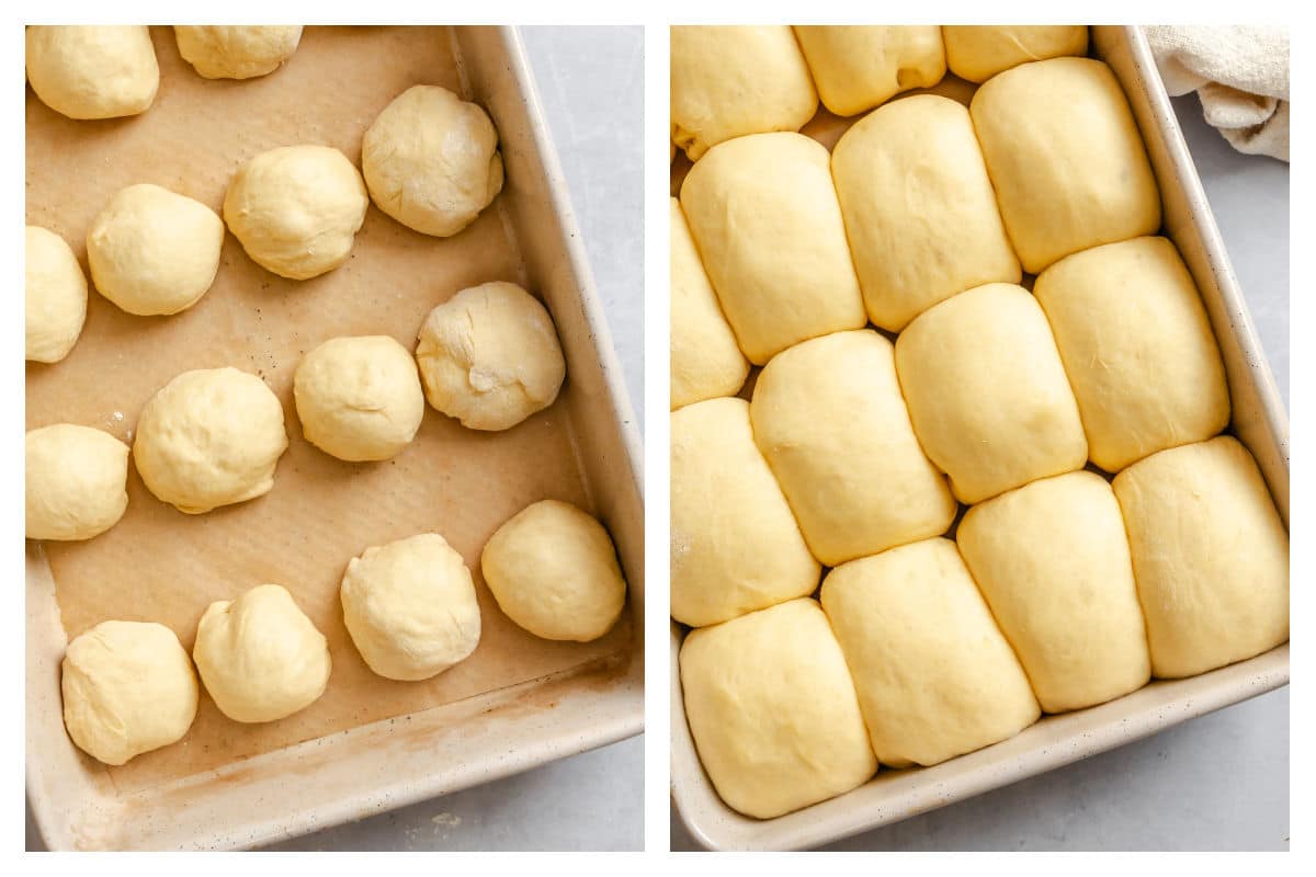 Unrisen rolls in a pan next to a pan of risen roll dough. 