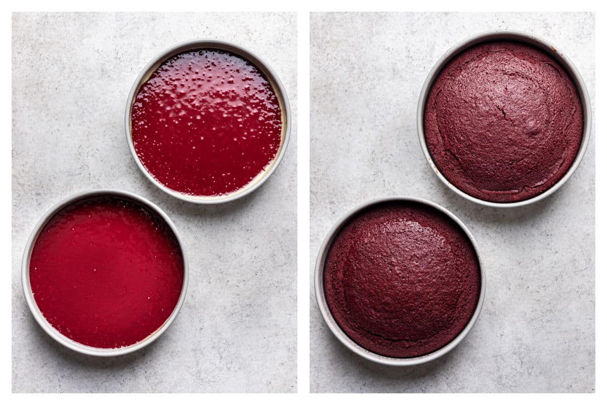 Red velvet cake batter in pans next to baked red velvet cake in pans.