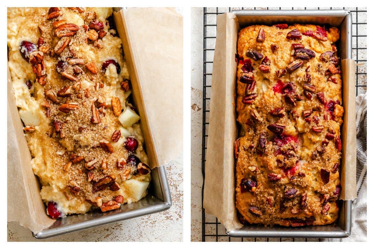 Unbaked cranberry apple bread in a pan next to the baked loaf in a pan.
