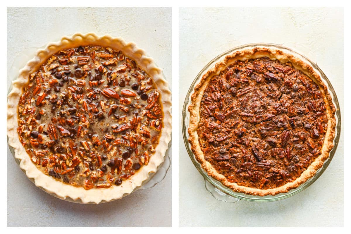 Unbaked chocolate pecan pie next to the baked pie.