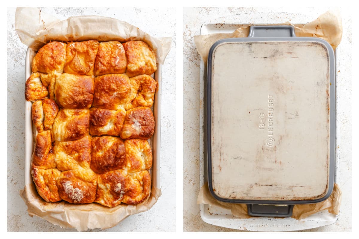 Baked overnight sticky buns in a pan next to inverting the sticky buns.
