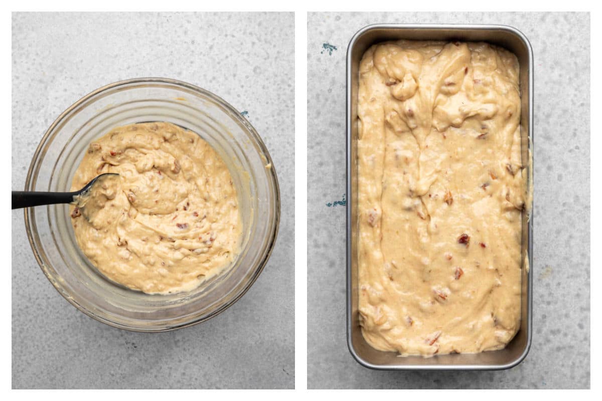 Dates and liquid stirred into batter next to date nut batter in a baking pan.