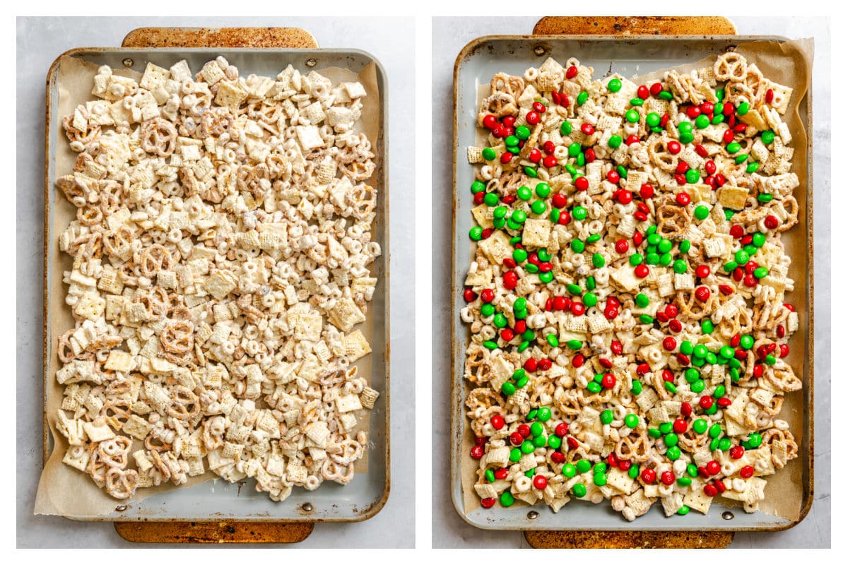 White chocolate cereal mix spread in a pan next to M&Ms sprinkled over the mix.