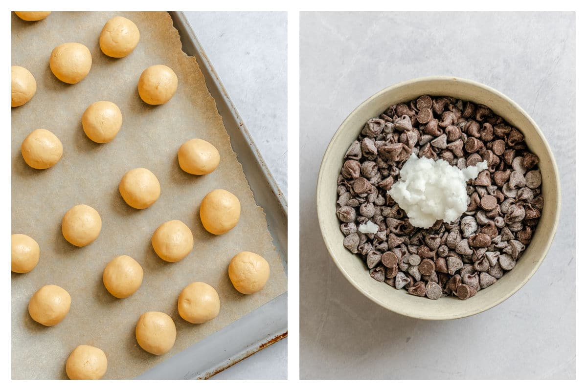 Scoops of buckeye candy on a baking sheet next to chocolate chips and coconut oil in a bowl.