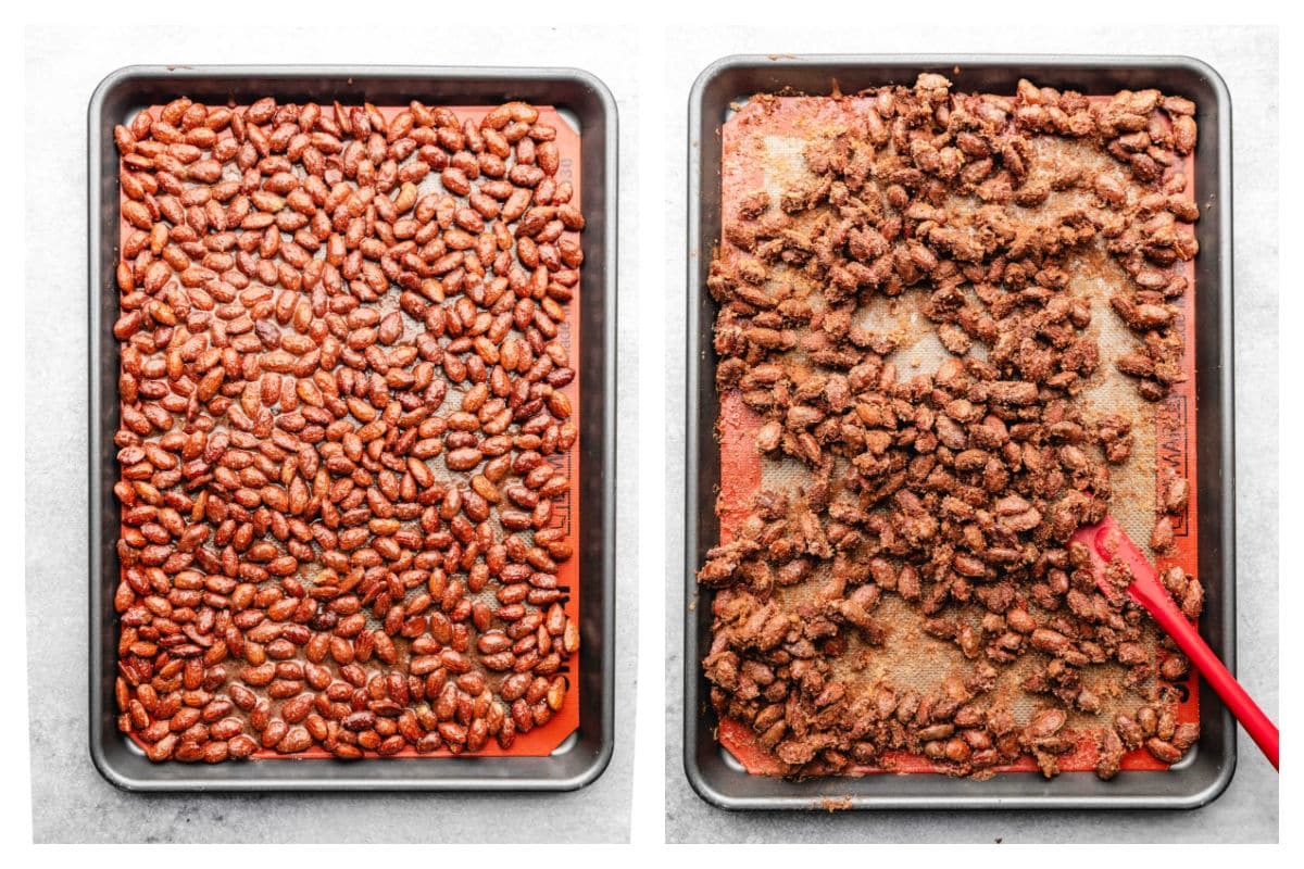 Coated almonds on a baking sheet next to baked candied almonds on a baking sheet.