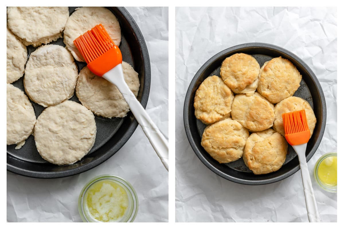 Unbaked biscuits in a pan next to a small dish of butter next to baked biscuits in a pan.