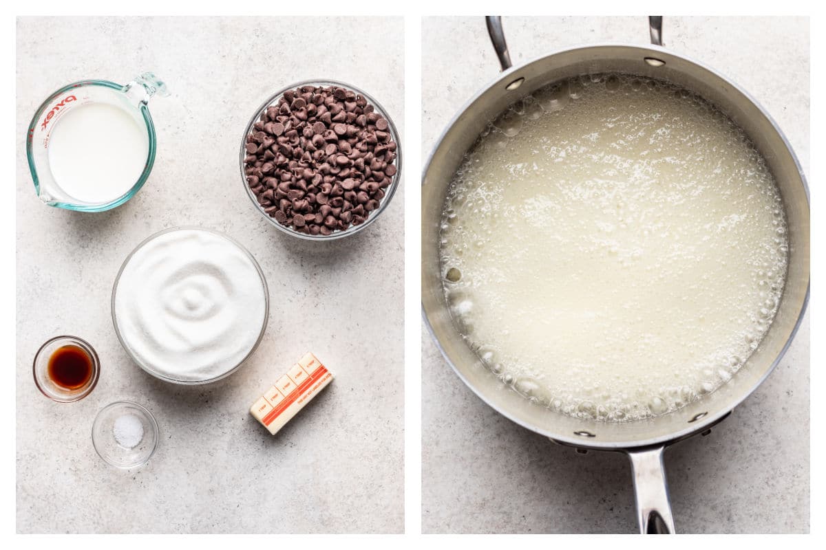 Ingredients for chocolate fudge next to sugar mixture boiling. 