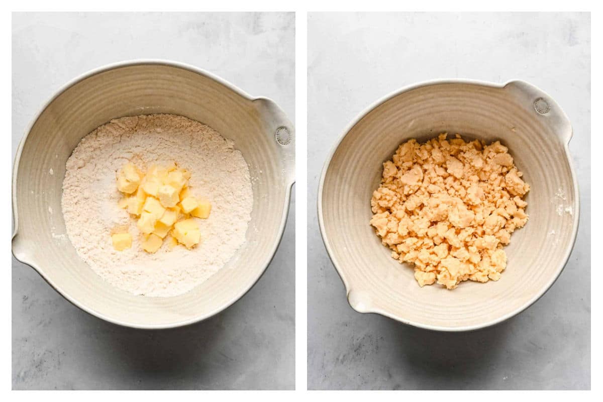 Diced butter on dry ingredients next to butter cut in.