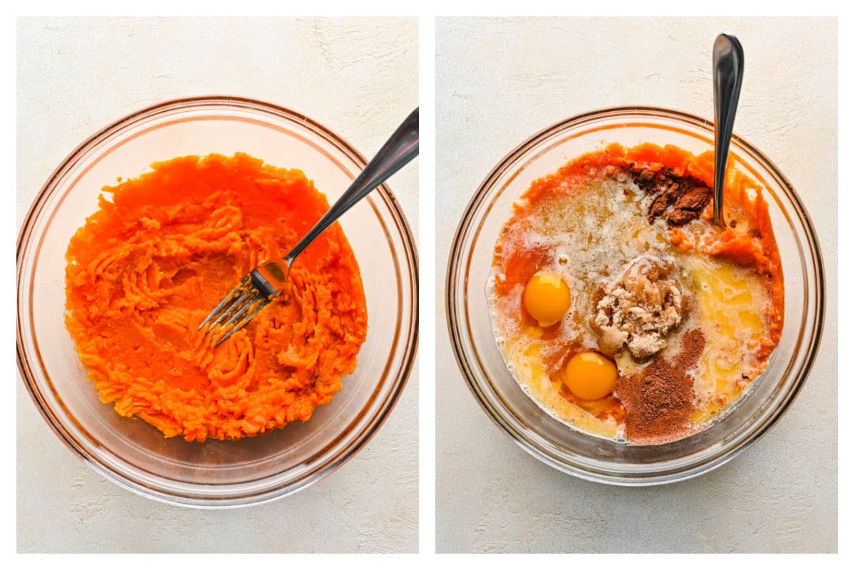 Mashed sweet potato in a bowl next to eggs and spices on top. 